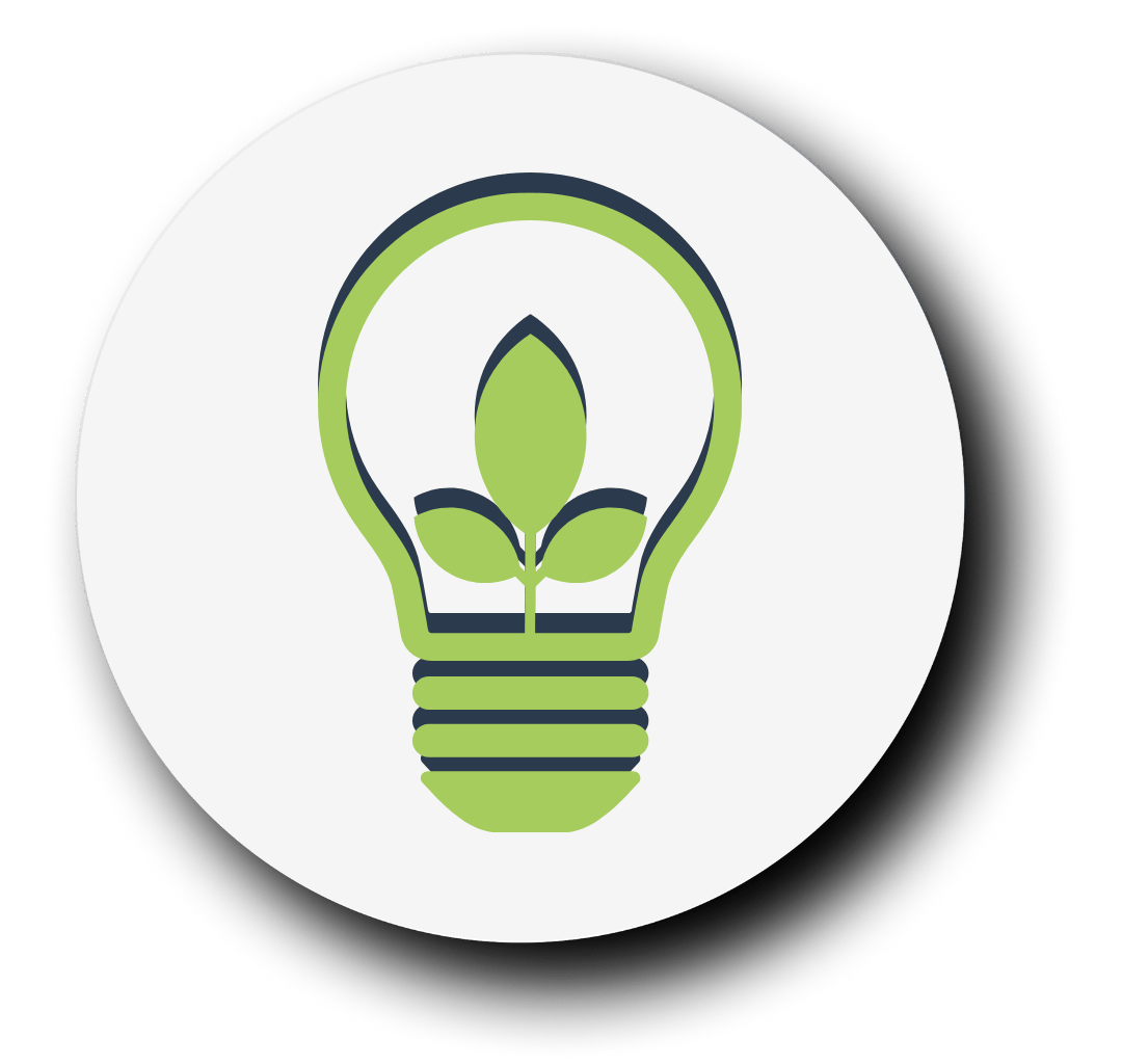 Bombilla con planta en su interior en tono verde con fondo blanco y sombra azul