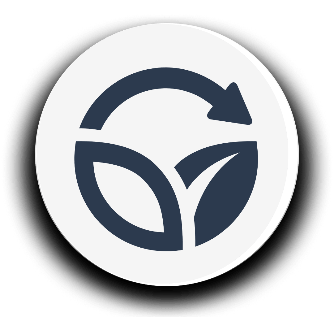 Círculo con hojas y flecha arqueada tono azul con fondo blanco