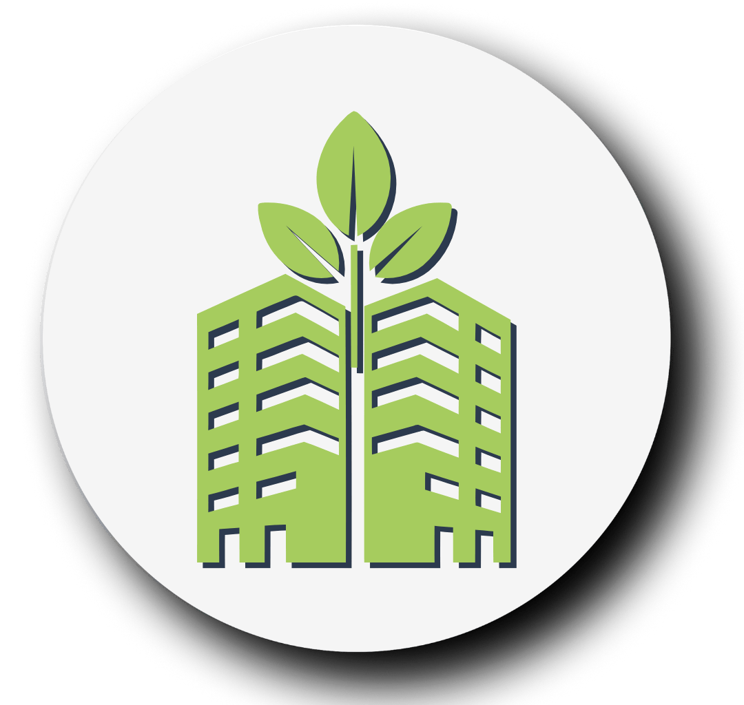 Dos edificios espejeados con planta en medio en tono verde y fondo blanco