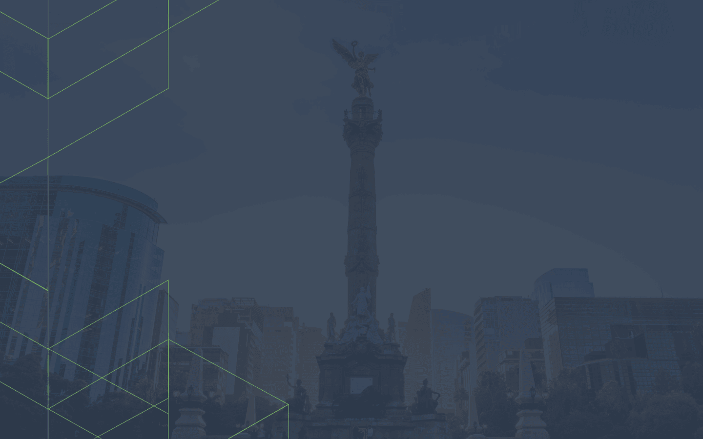 Fondo de ángel de la independencia con tono azulado y líneas TH verdes